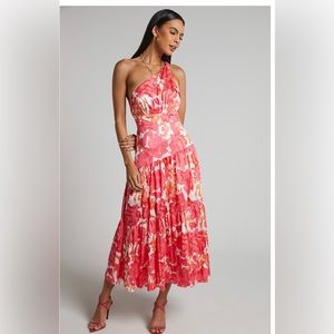 GEORGINE MIDI DRESS ONE SHOULDER RUCHED TIERED DRESS IN PEONY BLOSSOM US SIZE 8